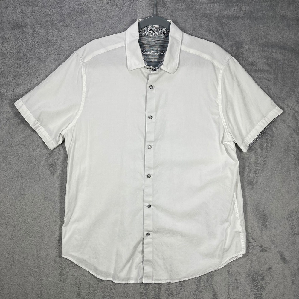 Robert Graham Button Down Shirt Mens XL White Damask Short Sleeve Paisley Trim